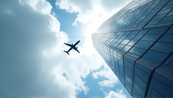 Modern Skyscraper With Airplane In Cloudy Sky