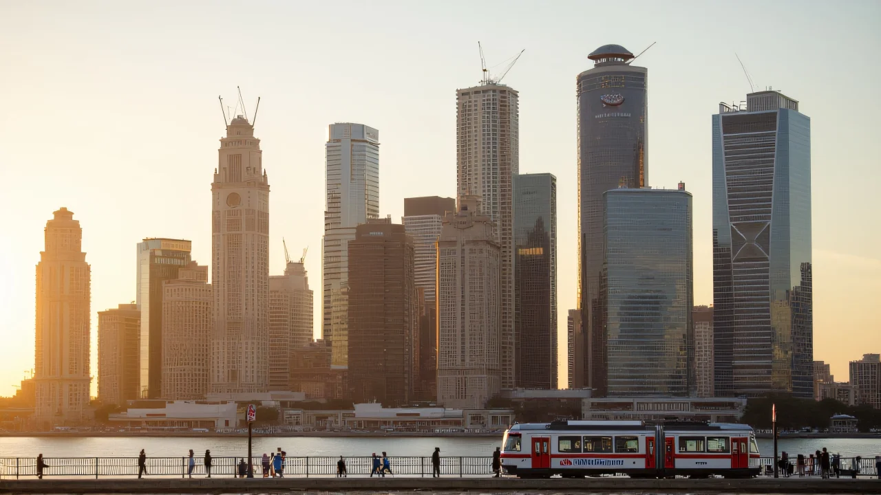 A cluster of modern towers reflects light during golden hour.
