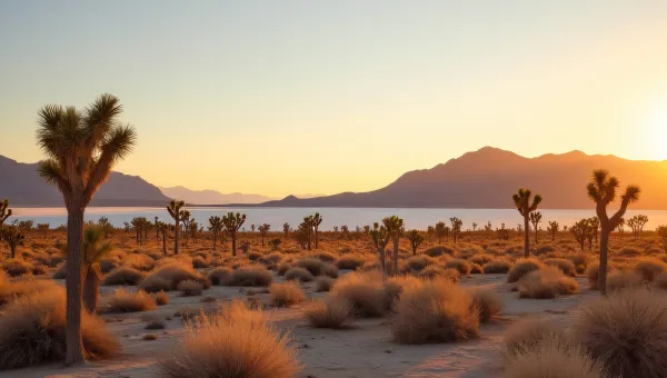 Mojave Desert Landscape With Joshua Trees At Sunset