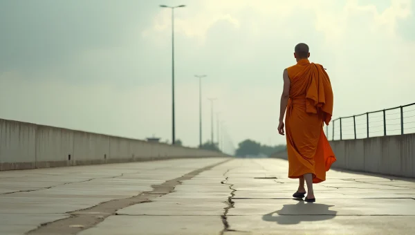 Monk Walking on Cracked Pavement Under Overcast Sky