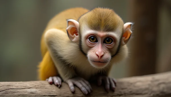 Monkey Close-Up Portrait On Wooden Beam