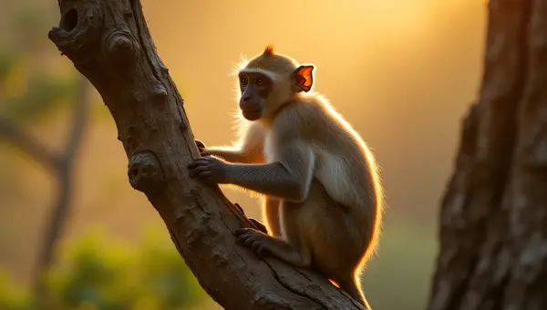 Monkey Gripping Tree Limb at Golden Hour