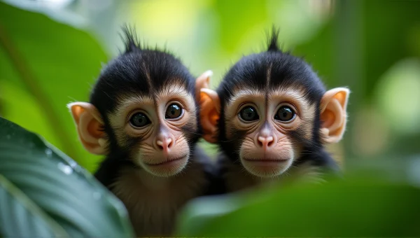 Monkeys Among Wet Tropical Leaves Close-Up