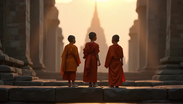 Monks at Dawn on Ancient Temple Steps