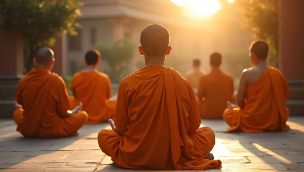 Monks Meditating in Temple Courtyard at Sunrise