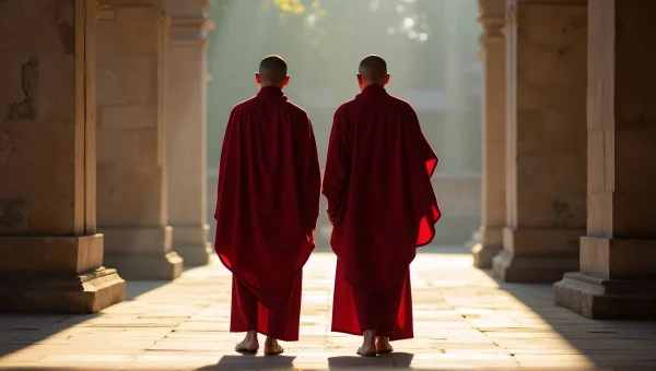 Monks In Red Robes At Temple Courtyard
