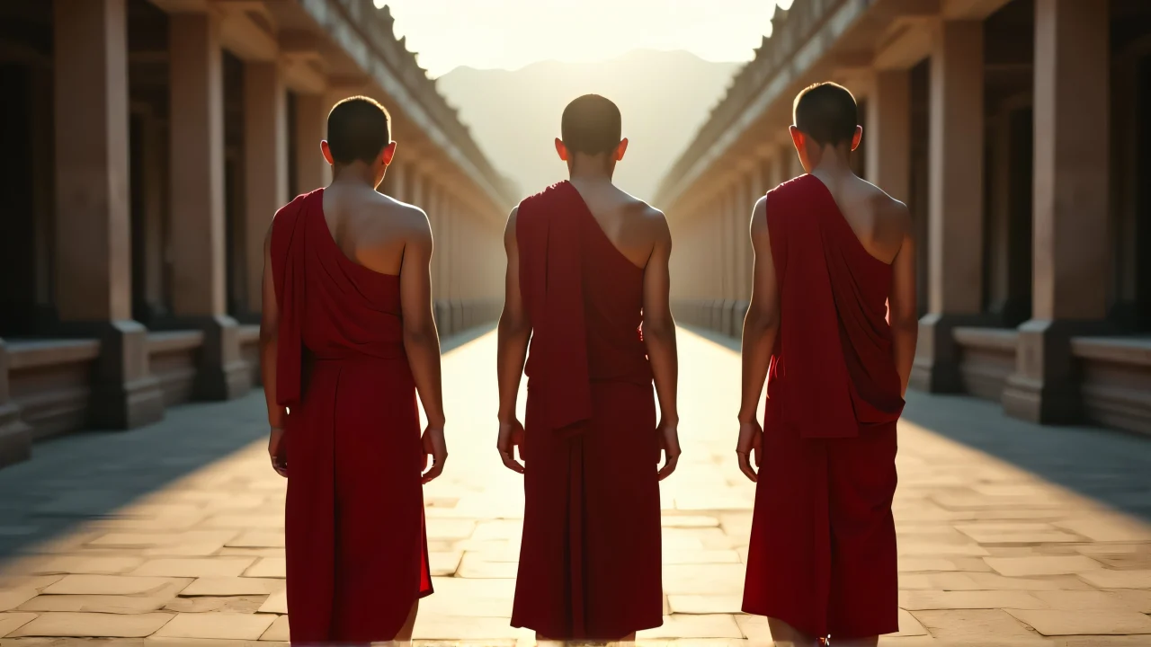 Three monks in red tops arranged diagonally in a temple courtyard with soft sunlight.