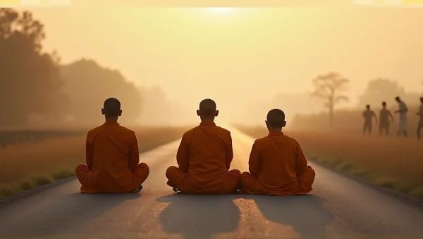 Monks Sitting Cross-Legged on Country Road at Dawn