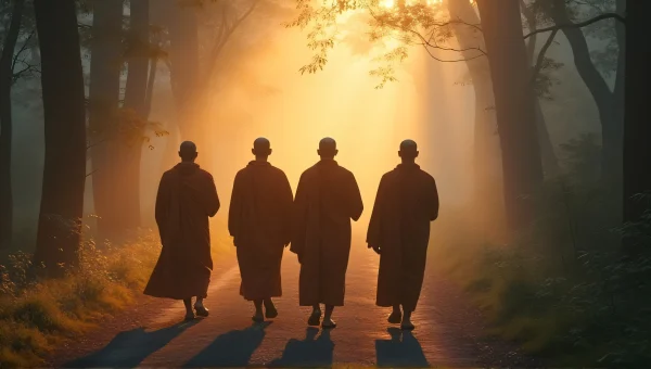 Monks Walking in Misty Forest at Dawn
