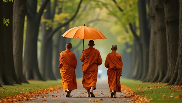 Monks Walking Under Umbrella On Leafy Path