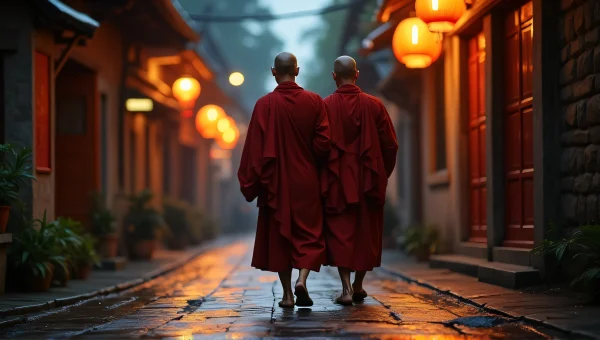 Monks Walking on Wet Street at Dusk