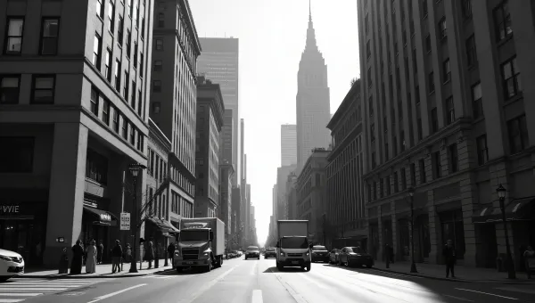 Monochrome Cityscape With Pedestrians And Trucks