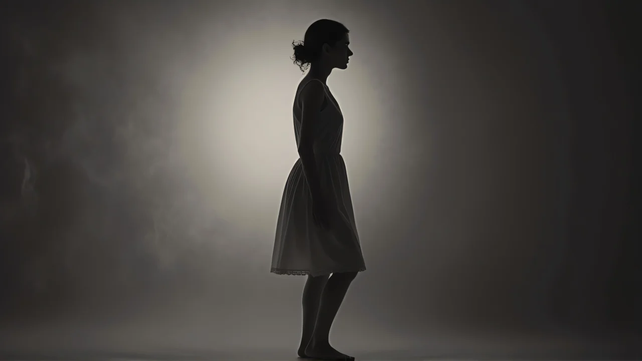 A woman in a knee-length dress poses in monochrome with soft sidelighting and vintage backdrop.