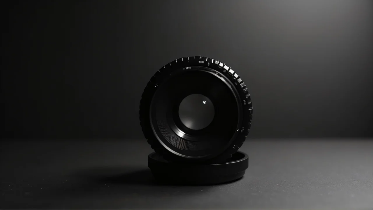A monochrome lens resting on a matte ebony surface with soft illumination.