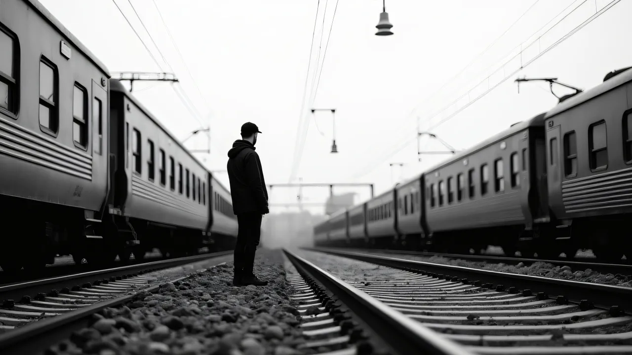 A monochrome photo of a man next to a stationary train on an empty platform.