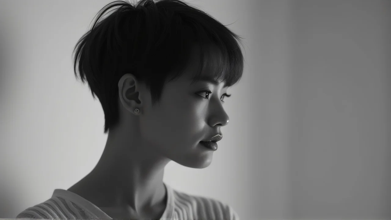 A monochrome portrait of a woman with short hair in soft side lighting.