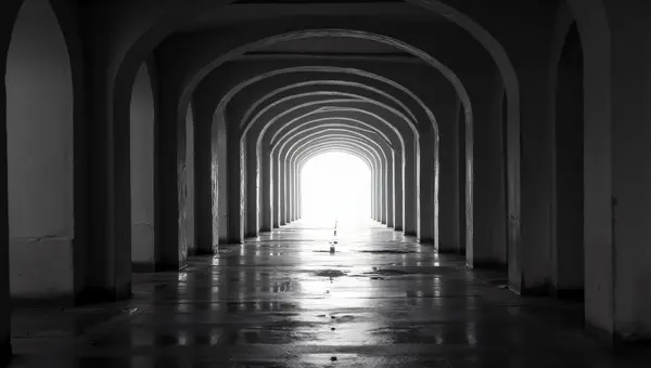Monochrome Tunnel With Archways And Reflective Floor