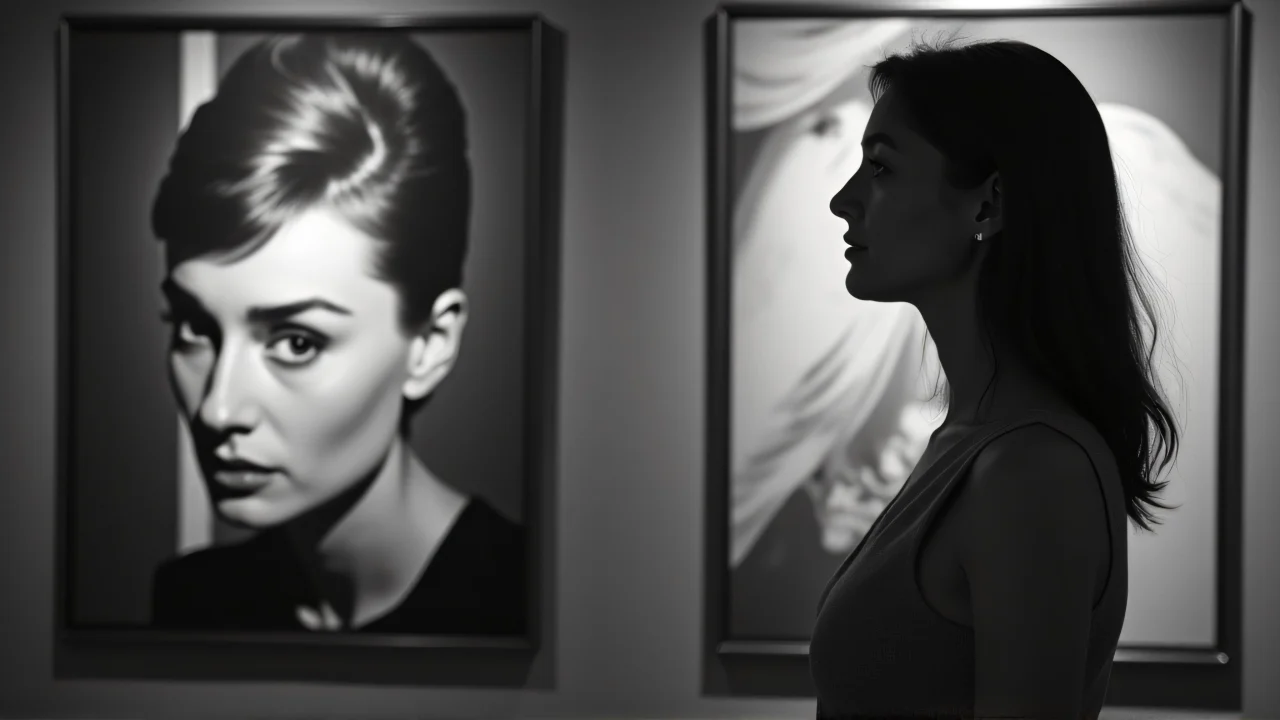 A woman stands next to an Audrey Hepburn portrait in monochrome.
