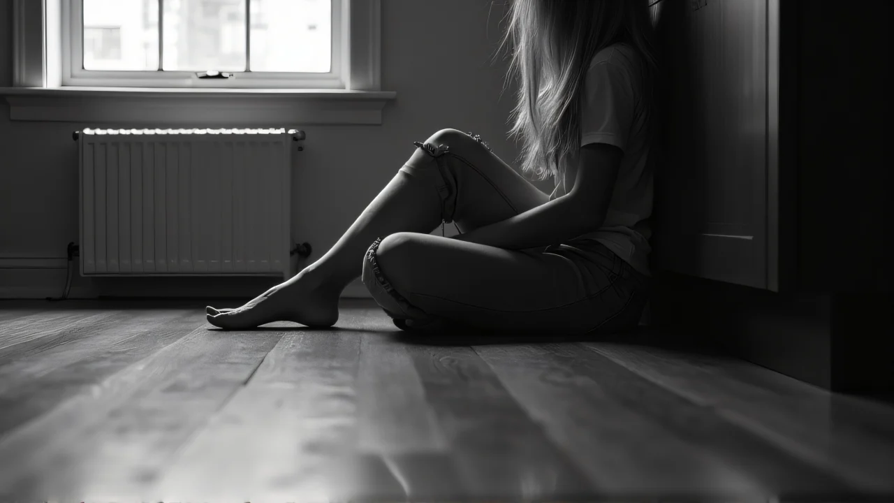 A monochrome image of a woman sitting on the floor, illuminated by soft window light.
