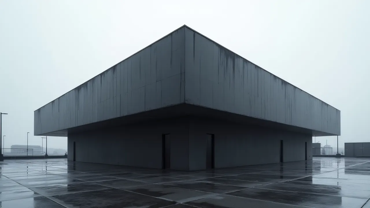 A low-angle view of a monolithic black concrete building with reflective wet pavement in an urban setting.