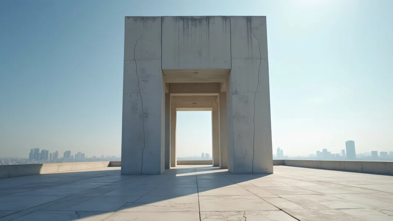 A low-angle view of a monolithic gray concrete structure with cracks, surrounded by an empty plaza and a blurred city skyline.