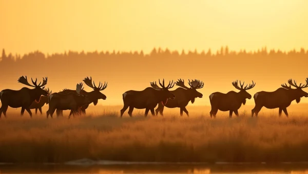 Moose Grazing in Windswept Grassland at Sunset