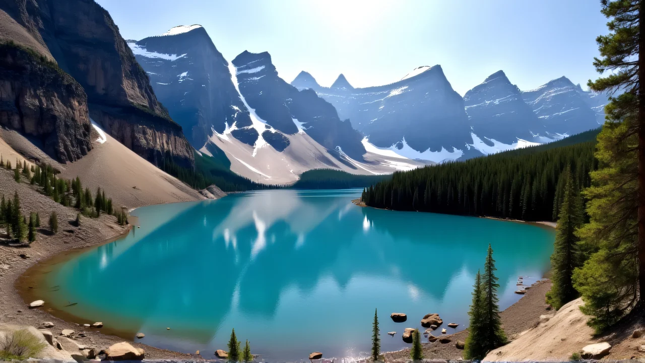 Wide-angle view of Moraine Lake with turquoise water and surrounding peaks.