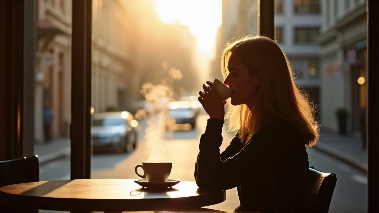 Person enjoys coffee at a wooden table with morning light from a tall window and city street view.