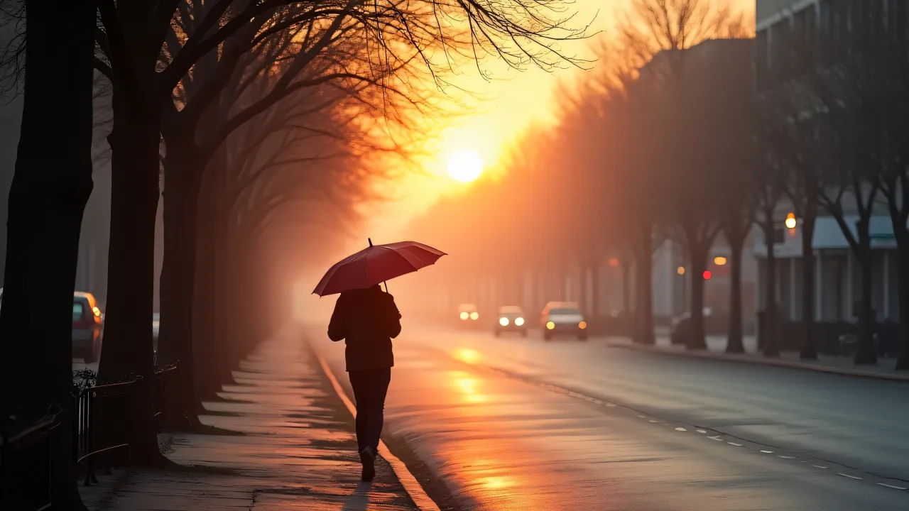 A lone figure walks down a quiet morning street under an umbrella with a soft mist and fading streetlights.