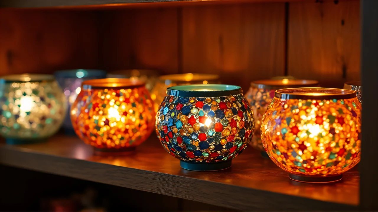 Cluster of mosaic glass candle holders casting colorful reflections on a wooden shelf.
