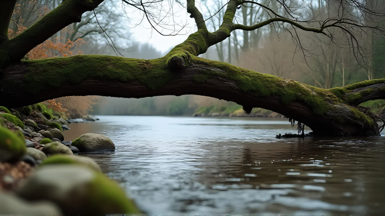 A moss-covered tree trunk spans a slow river, creating ripples under an overcast sky.