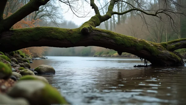 Mossy Tree Trunk Over River With Reflections