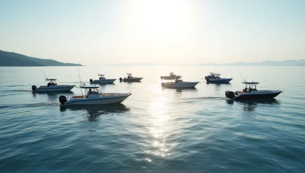Motor Boats Clustered On Calm Sea At Sunrise