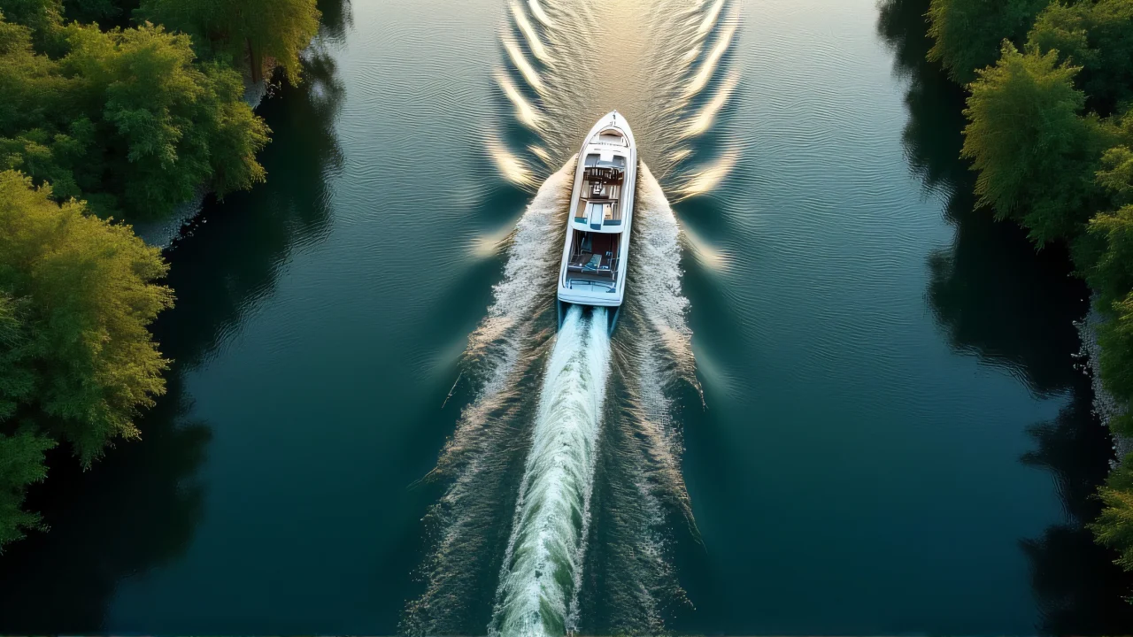 A top-down view of a motorboat crossing a winding river with reflections and tree-lined banks.