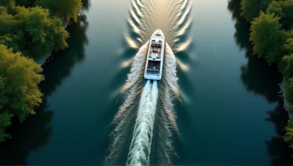 Motorboat Crossing Winding River With Reflections