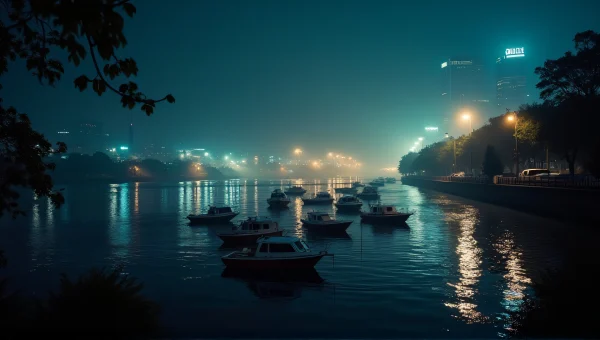 Motorboats on River at Night with City Lights