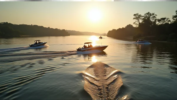Motorboats on River at Sunset with Reflections