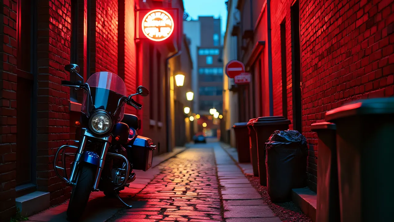 A motorcycle parked in a narrow alley at dusk, with wet cobblestones reflecting neon signs.