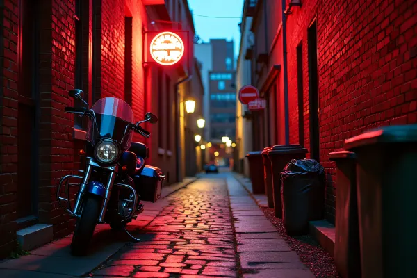 Motorcycle Parked in Alley at Dusk with Neon Lights