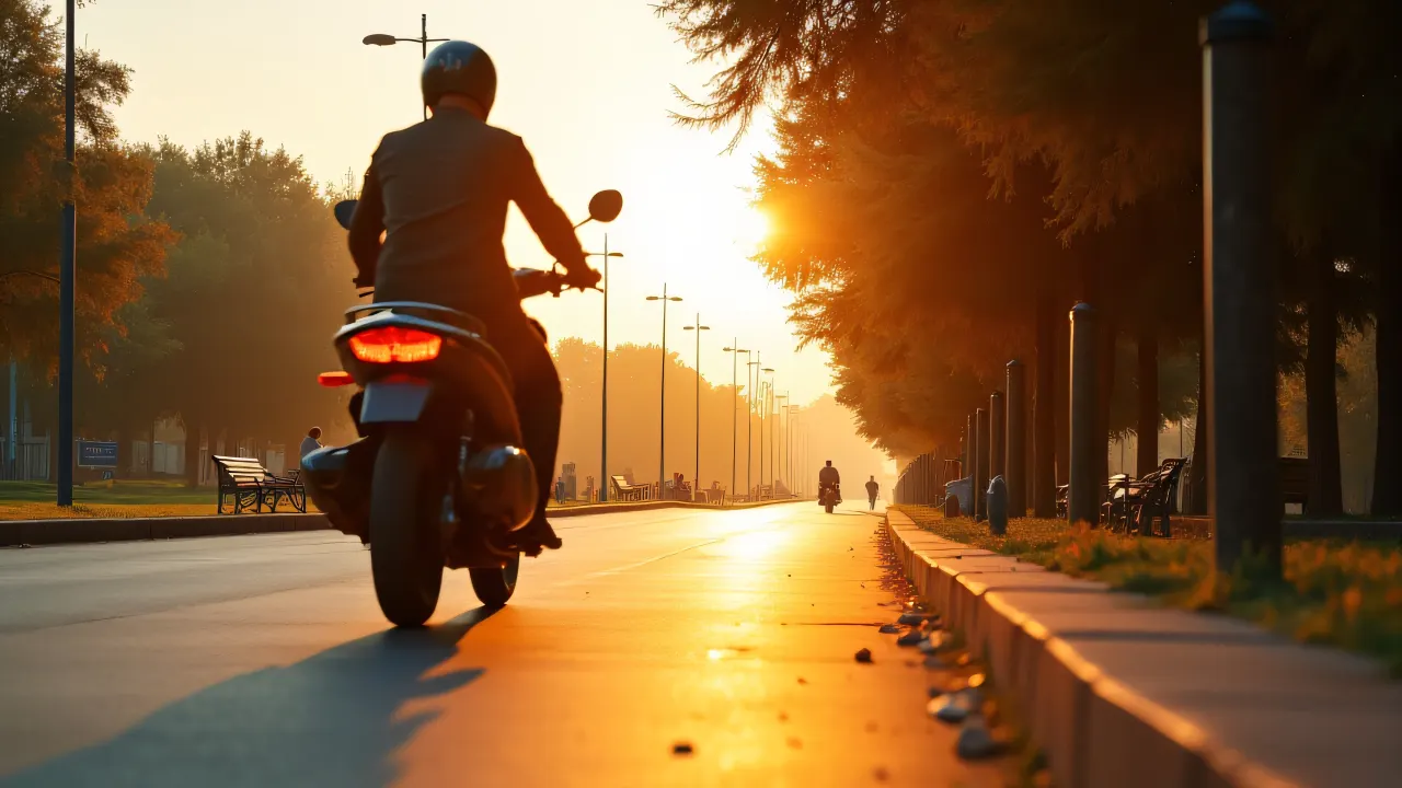 A rider on a motorcycle speeds down a road beside a city park during golden hour.