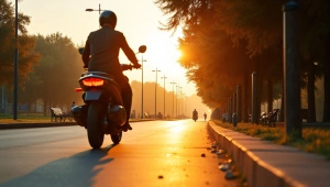 Motorcycle Ride Near City Park At Golden Hour