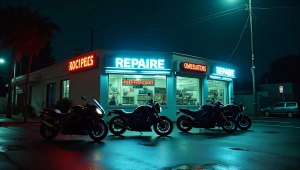 Motorcycles Parked At Night Near Repair Shop