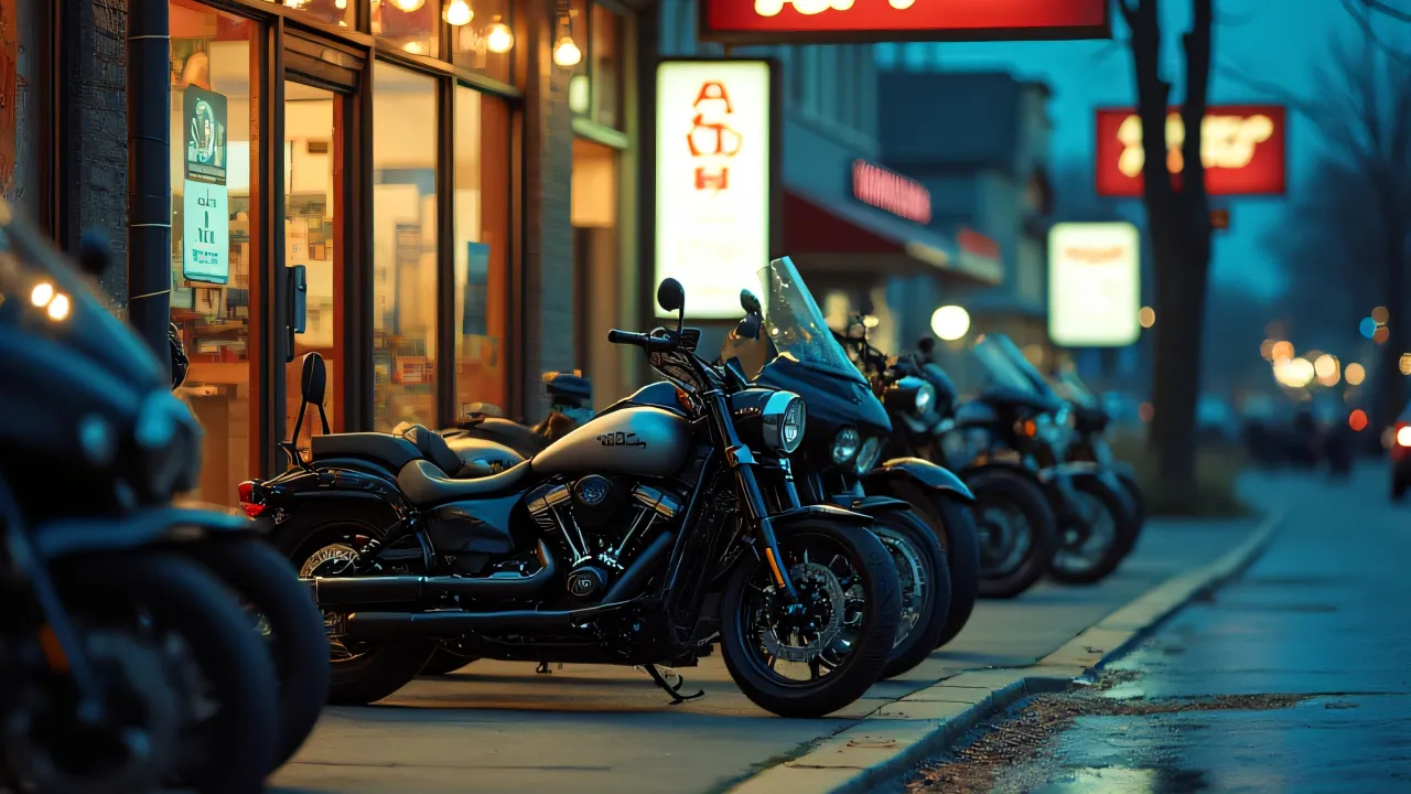 Several motorcycles parked along a sidewalk at dusk with neon lights reflecting on wet pavement.
