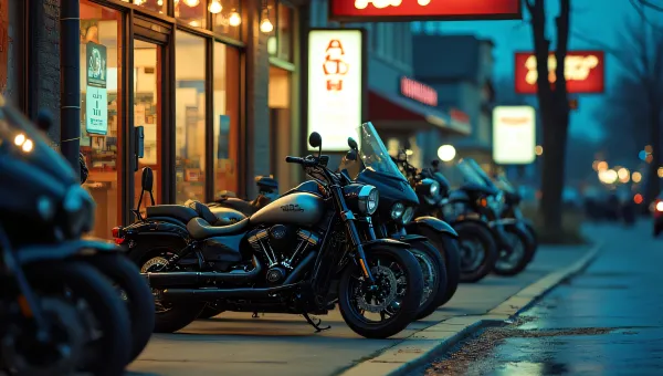 Motorcycles Parked Outside Fast Food Restaurants Dusk