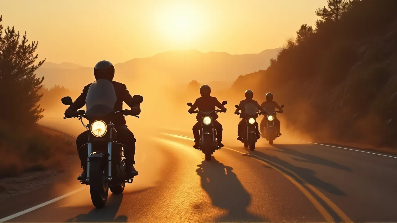 A group of five motorcyclists rides along a winding mountain road at dusk, backlit by the setting sun.
