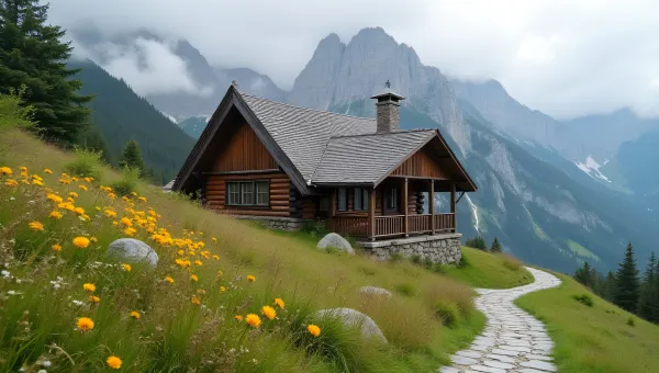 Mountain Base House With Wildflowers And Path