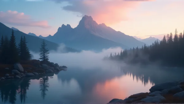 Mountain Dawn Reflection With Misty Valley View