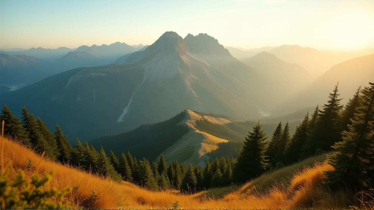 Wide-angle view of a layered mountain range with misty valleys and grassy foreground.