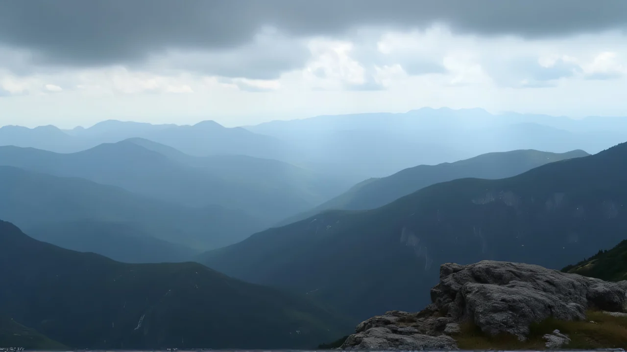 Wide mountain range with mist and rocky foreground under cloudy sky.