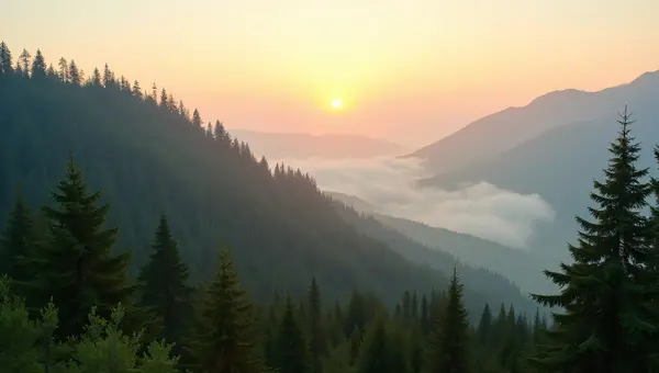 Mountain Ridge Pine Trees at Sunrise Mist